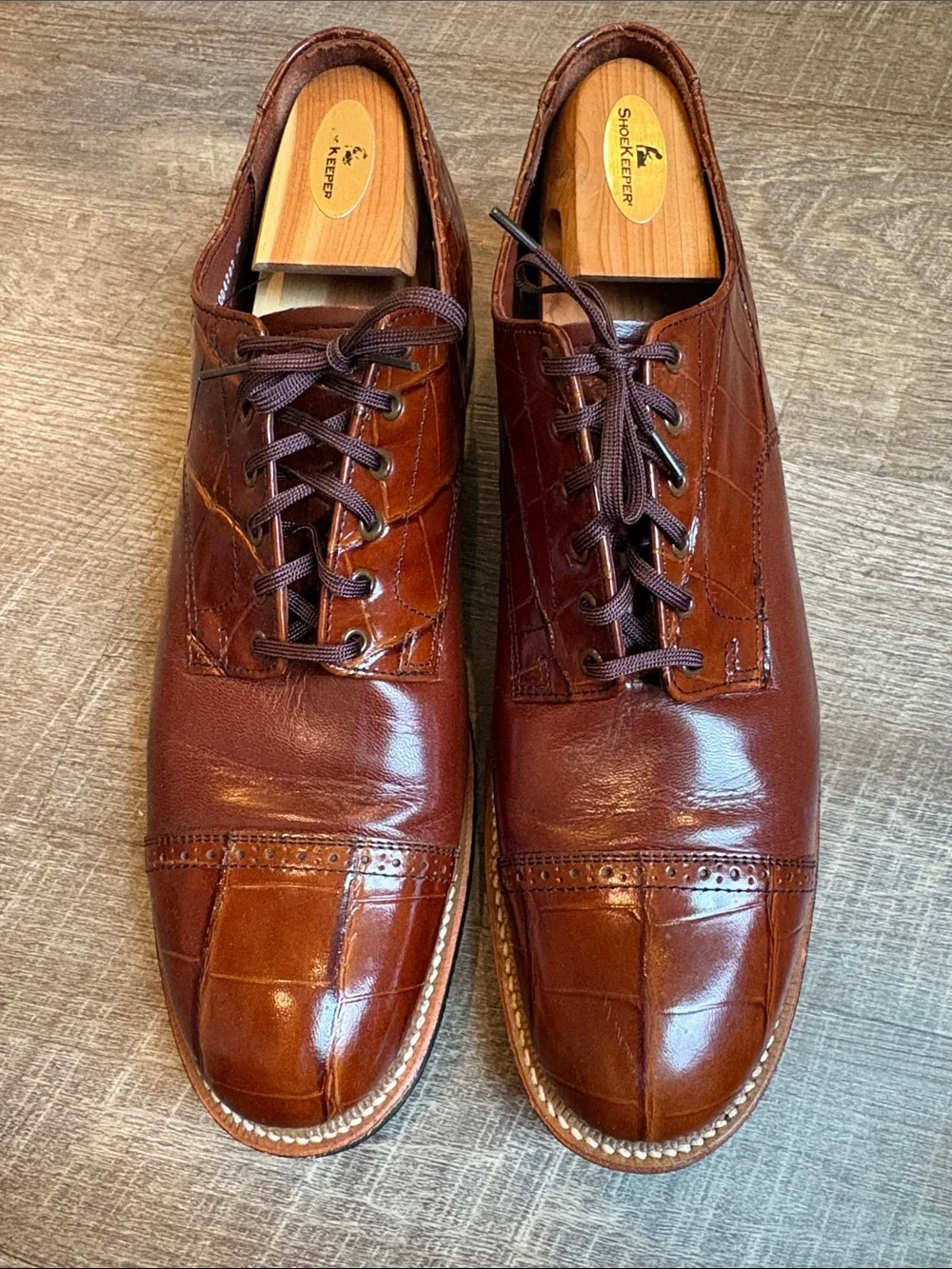 Stacy Adams Croc Print Oxford Mens 10.5 Brown Leather Lace Up Shoes